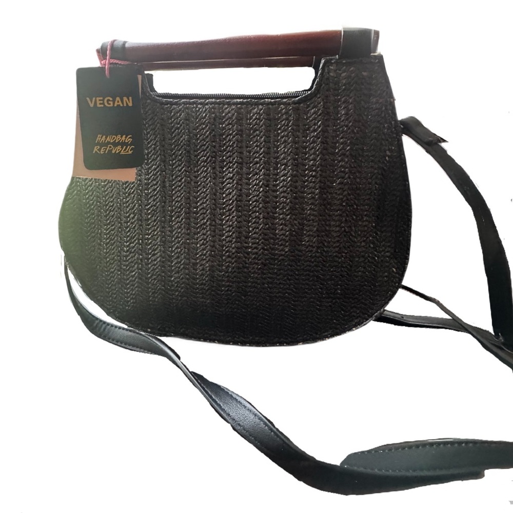 Black Woven straw structured crossbody or clutch bamboo Handbag